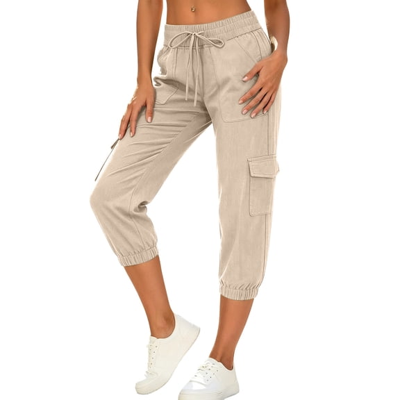Yoga Capris with Pockets New Cargo Capri for Women Casual Elastic Waist Casual Cropped Tapered Pants Loose Outdoor Workout Capris Pants with Pockets Beige XXL