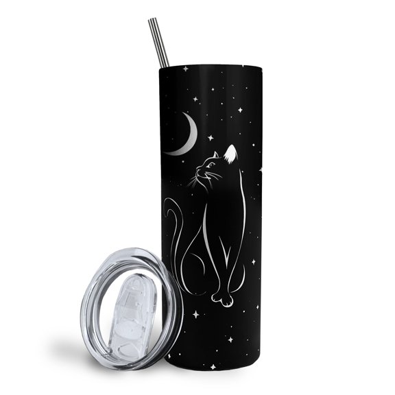 Cat Skinny Tumbler with Straw and Lid, Goth Tumbler Gifts for Women, Cute Black Cat Mug, Witchy Halloween Gifts for Men Friends, Moon Coffee Mug for Sister -20 OZ Insulated Stainless Steel Tumbler