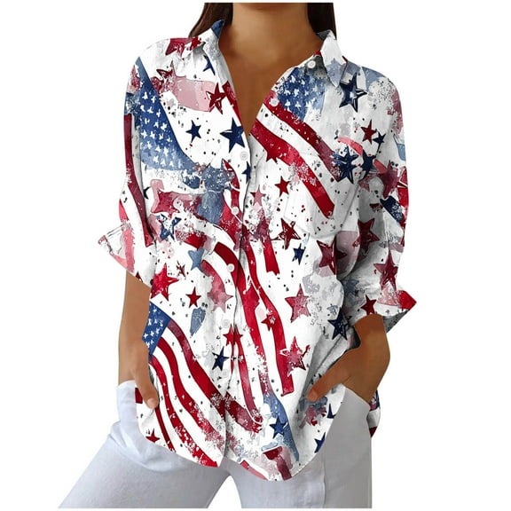 Bamboo Linen Tee Shirts for Womens Independence Day T-Shirts Lapel Collared Shirt Button Down Dressy Shirts Lounge Breathable Tunic Blouses Usa Flag Star Printed Clothes