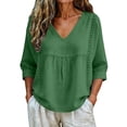 thumbnail image 7 of Lenpel Womens Cotton Linen Tops V Neck 3/4 Sleeve Solid Color Shirts Casual Loose Fit Fashion Lace Patchwork Blouses, 7 of 7