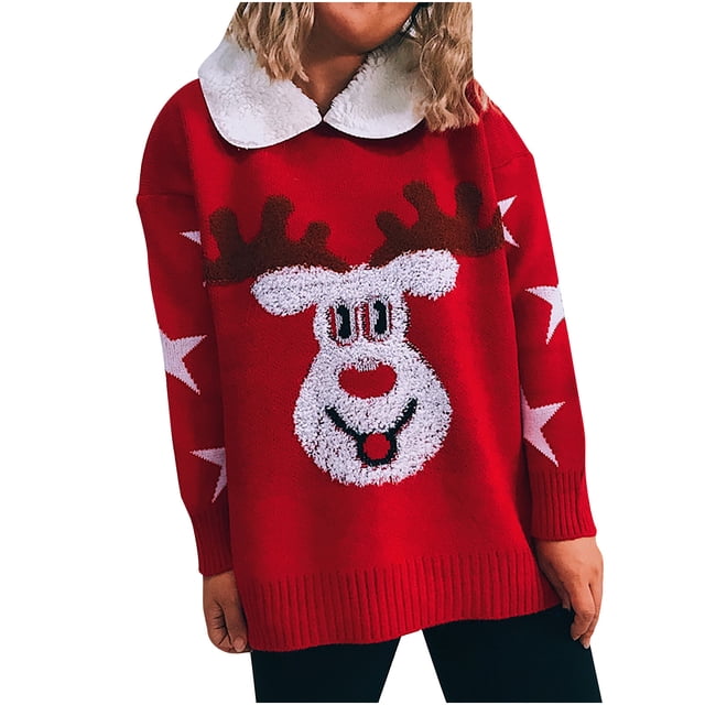 IROINID Chandail à Col Rond pour Femmes Imprimé Confortable Mi-Longueur Manches Longues Hiver Noël Chandail à Col Rabattu Blouse