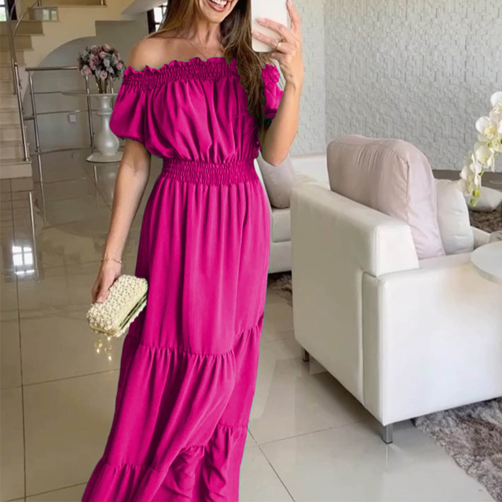 Dresses Summer Dress women S Short Sleeved Off Shoulder Solid Ankle Length Dress Long Dress Hot Pink M Walmart