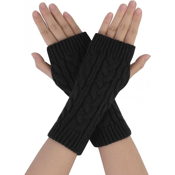 Women's Ribbed Wrist Arm Warmers Stretchy Cable Knitted Fingerless Gloves,BLACK