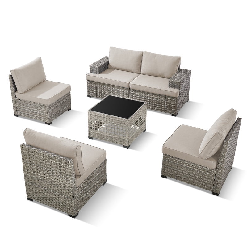 PARKWELL 6 Pieces Patio Furniture Sets,Outdoor Modular Furniture Sectional Sofa Set with Coffee Table,All-Weather Rattan Wicker Conversation Set for Backyard Deck,Taupe/Beige