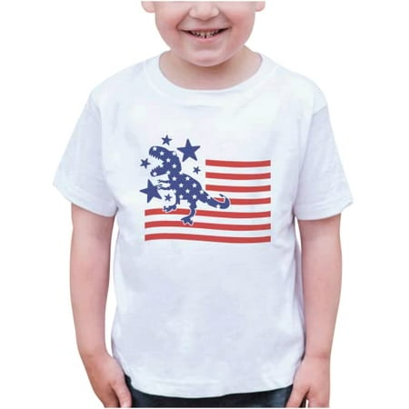 

7 ate 9 Apparel Kids Patriotic 4th of July Shirt - Dinosaur Flag Dino USA White T-Shirt 3T