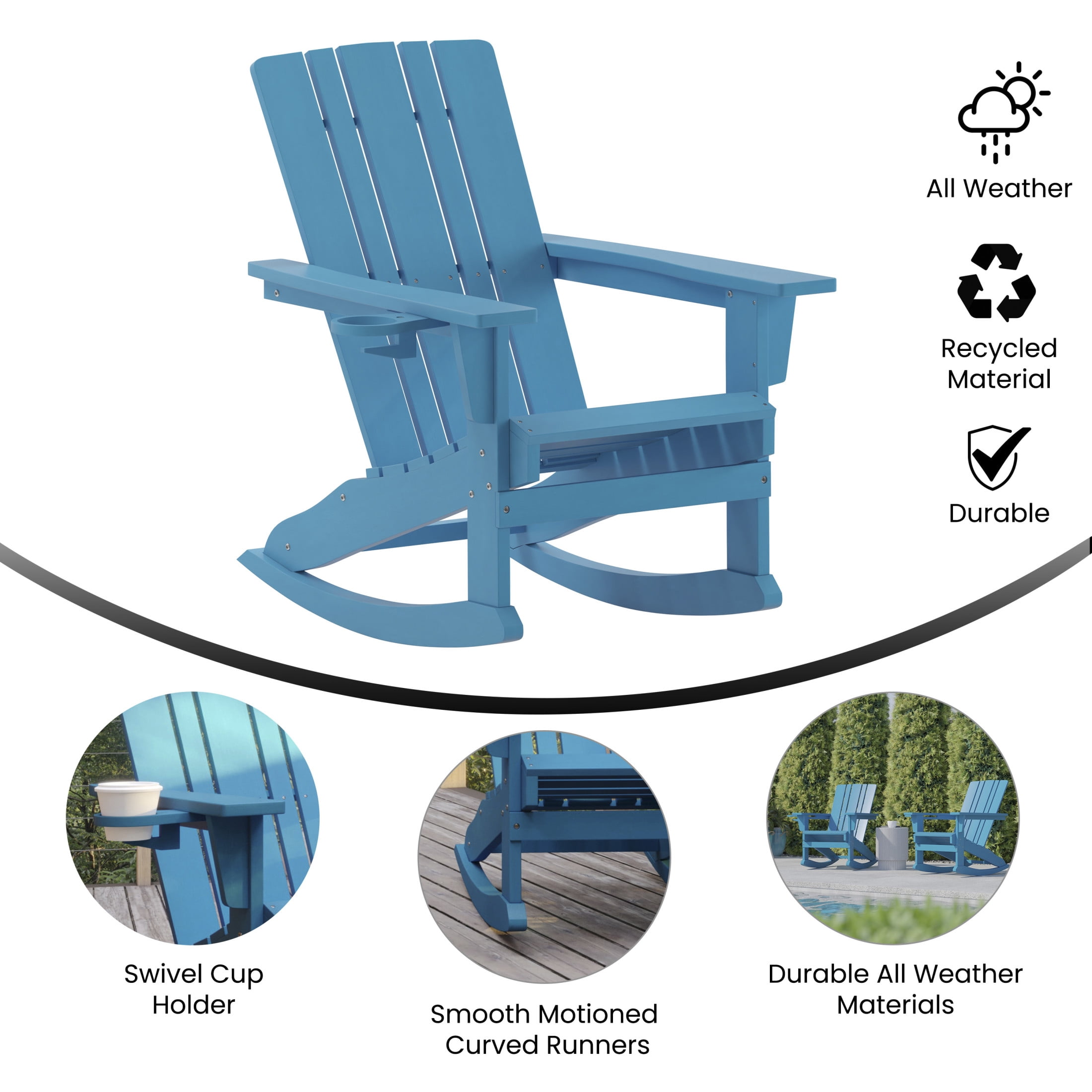 Flash Furniture Halifax Adirondack Rocking Chair with Cup Holder, Weather Resistant HDPE Adirondack Rocking Chair in Blue, Set of 2