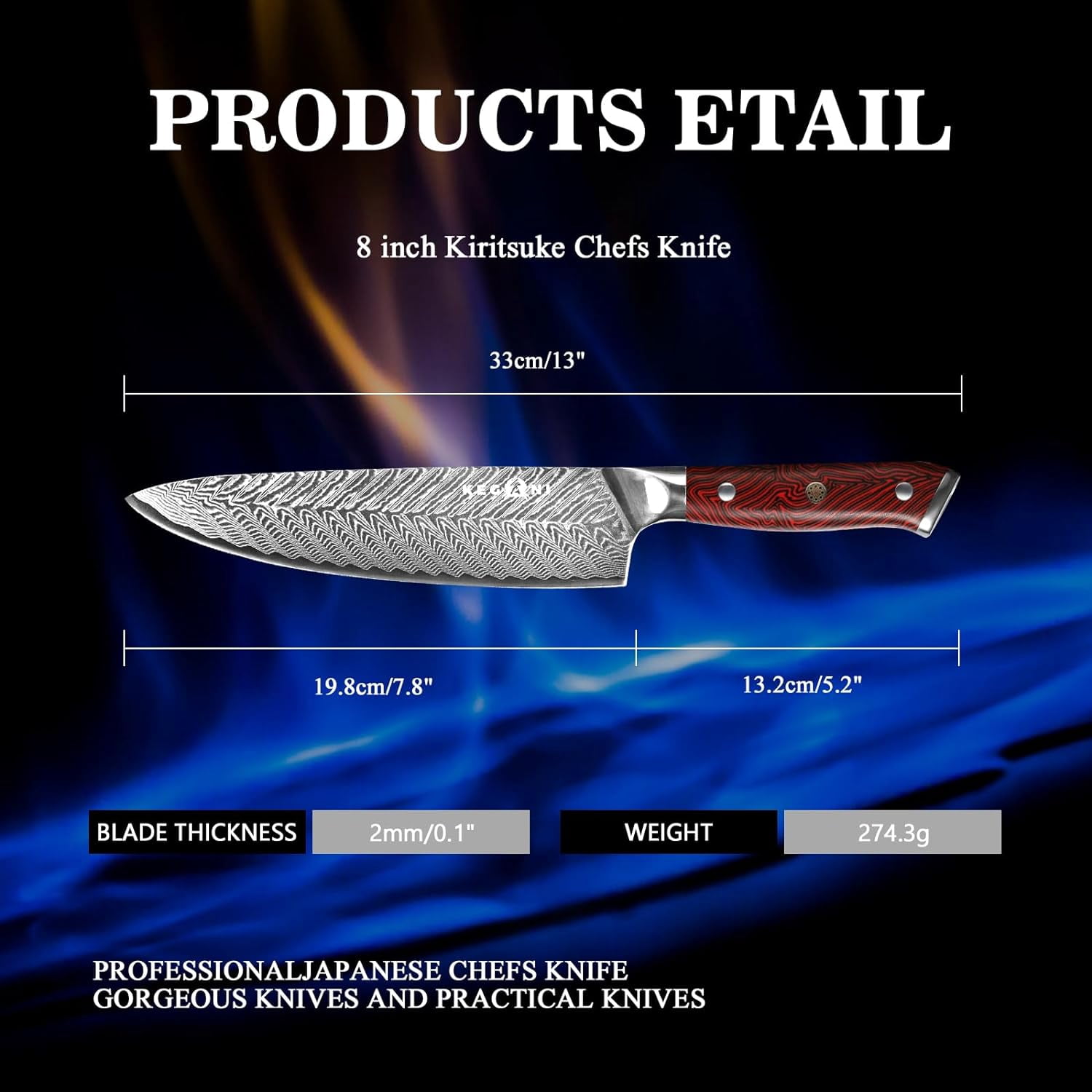 Kegani Chef's Knife - 8 Inch Professional Chef Kinfe - 67 Layers VG-10 Japanese Damascus Super Steel Ultra Sharp Kitchen Knife - Ergonomic Handle, Gift Box - Flame Knight Series