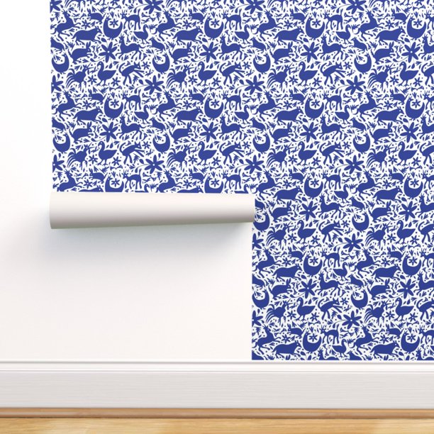 Peel & Stick Wallpaper 9ft x 2ft - Mexico Cobalt White Deer Cats Spring