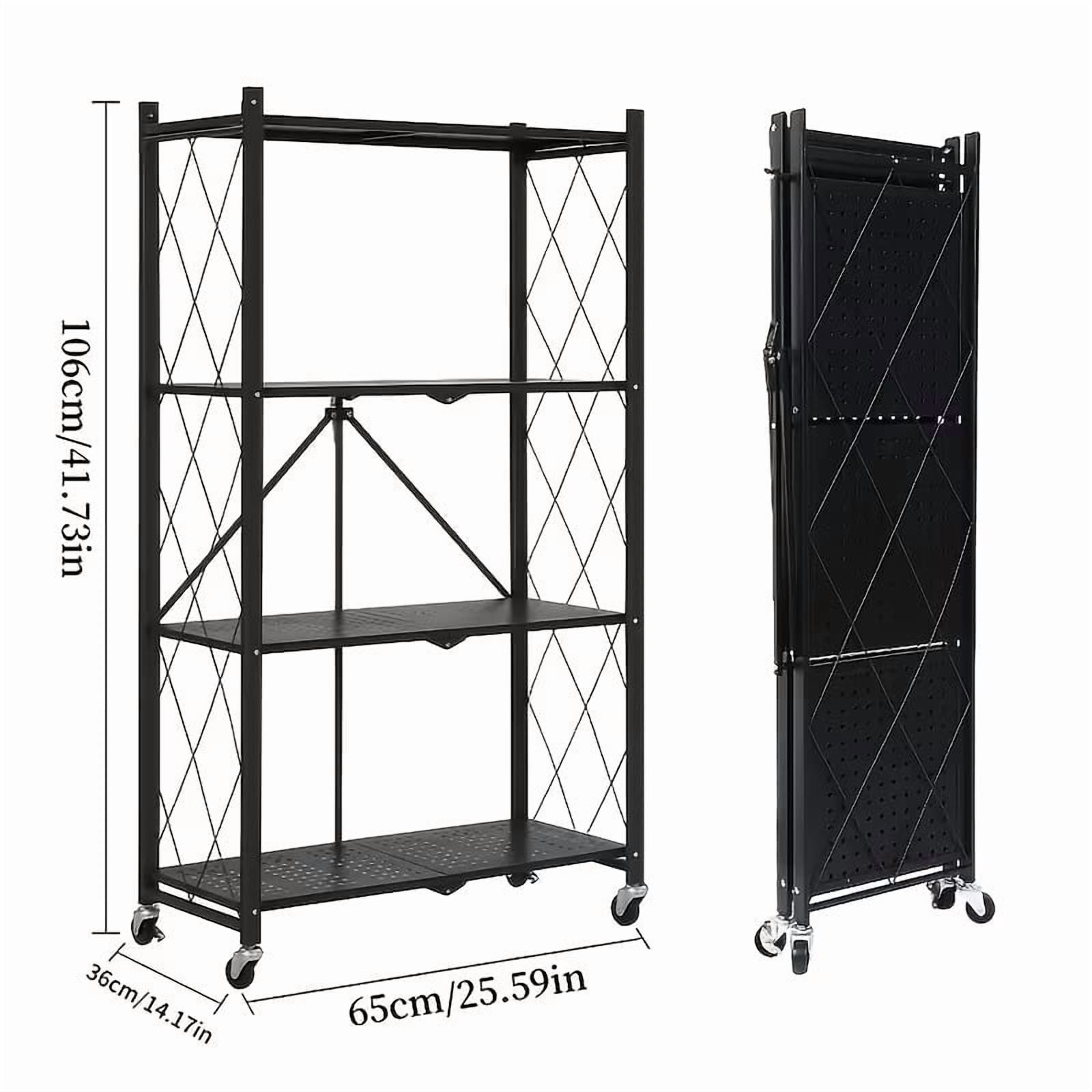avobird 4-Tier Foldable Storage Shelf with Wheels | Metal Rack Collapsible Shelving Display | Rolling Cart for Books Kitchen Storage Shelves | Pantry & Closet Organizer | Office Room Decor