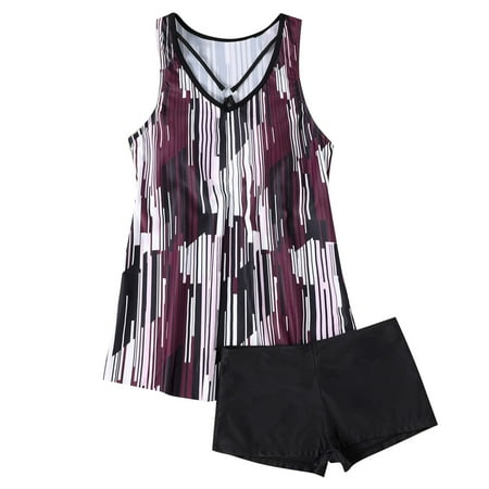 Summer Savings Clearance! Enjoytime Swim Suits for Women 2025 Vintage Printed Plus Size Flowy Swimwear Two Piece Tummy Control Bathing Suit Swim Tankini Tank Top with Boyshorts