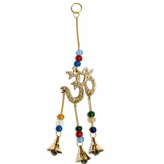Om Gold, Multi-Color Brass Wind Chimes, 3 Bells, Colorful Beads