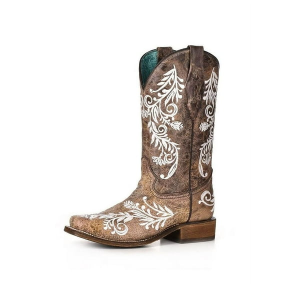 Corral Women's Brown and White Embroidery Square Toe Boots (6W, W)