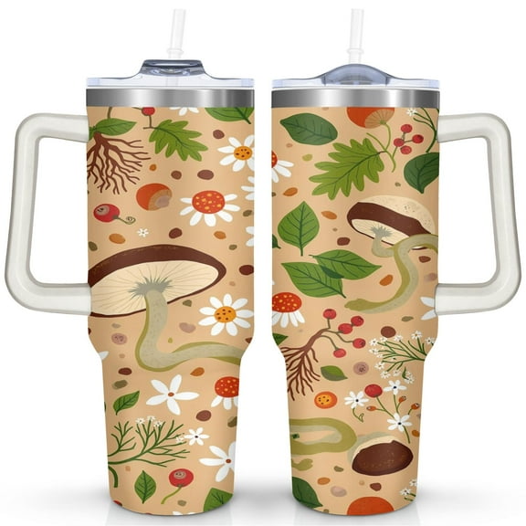 Mushroom Mug with Handle and Straws 40 OZ Insulated Travel Cup Birthday Present for Women Girls Daughter Mom Gifts for Him/Her Coffee Mugs