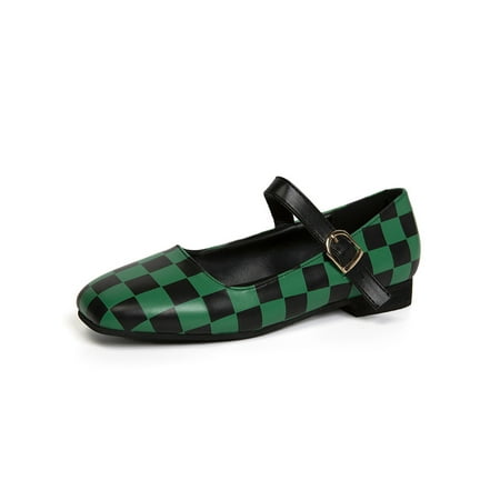 

Bellella Women Mary Jane Flats Ankle Strap Leather Shoes Plaid Print Pumps Fashion Dress Shoe Work Wedding Black Green 9