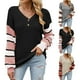 thumbnail image 3 of Top de manga larga para mujer, cuello en V, manga abombada, jersey de retales a rayas, blusa con botones, traje de otoño e invierno, negro M, 3 of 6