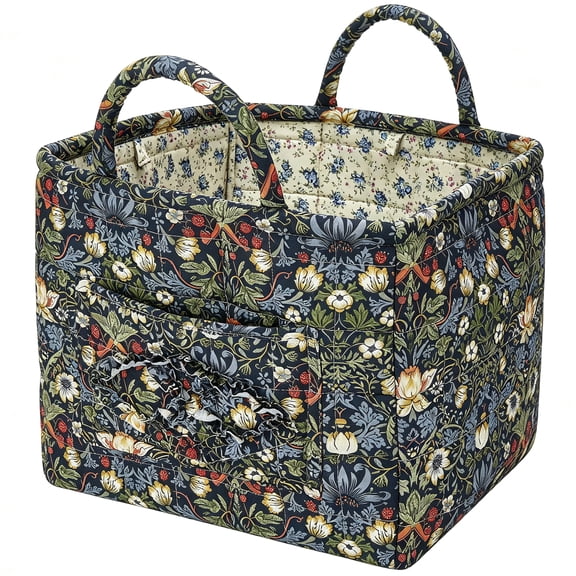 Quilted Fabric Storage Baskets with Handles, 12''x10''x10'' Boho Floral Gift Basket Foldable Organizer Bin, Soft Cotton Blend for Home Decor, Picnic