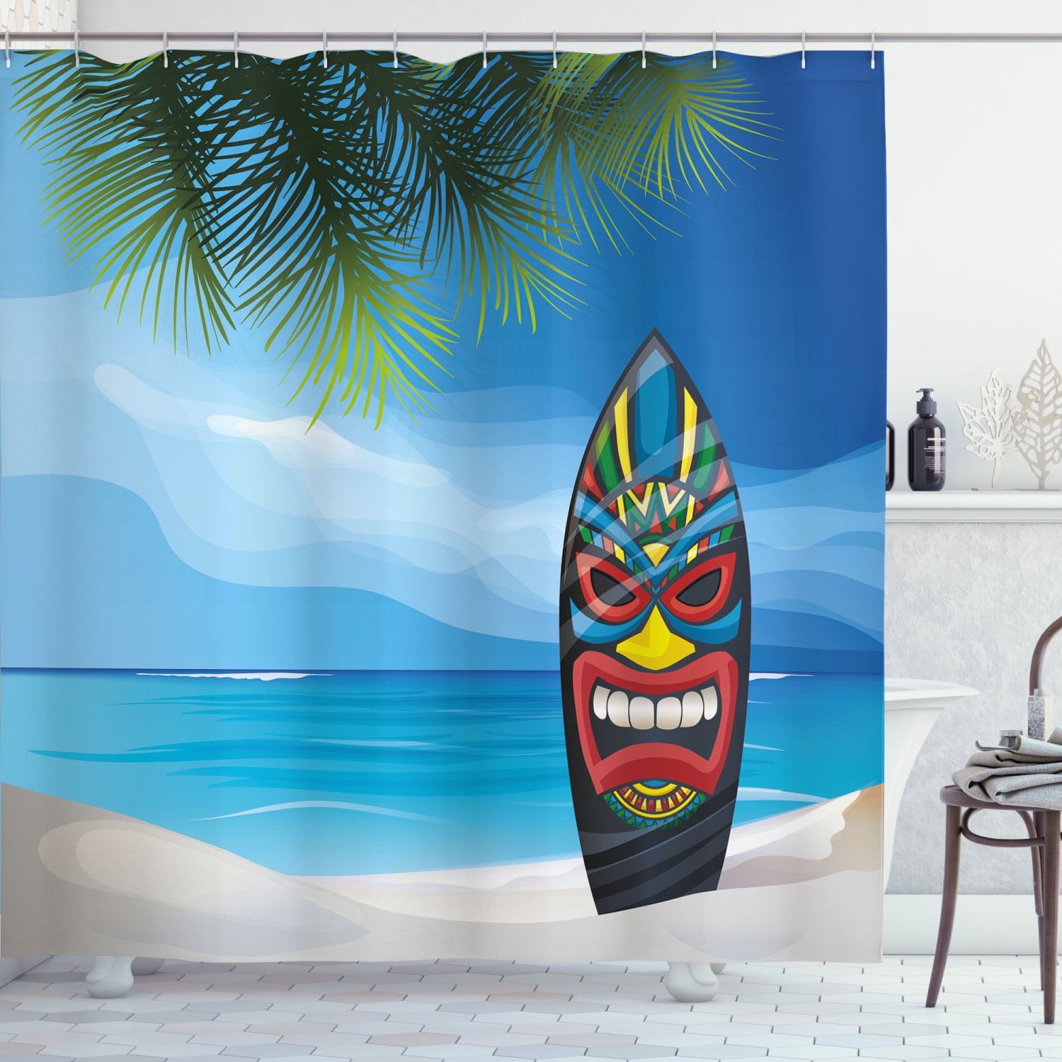 Tiki Bar Shower Curtain, Tiki Warrior Mask Design Surfboard on Ocean