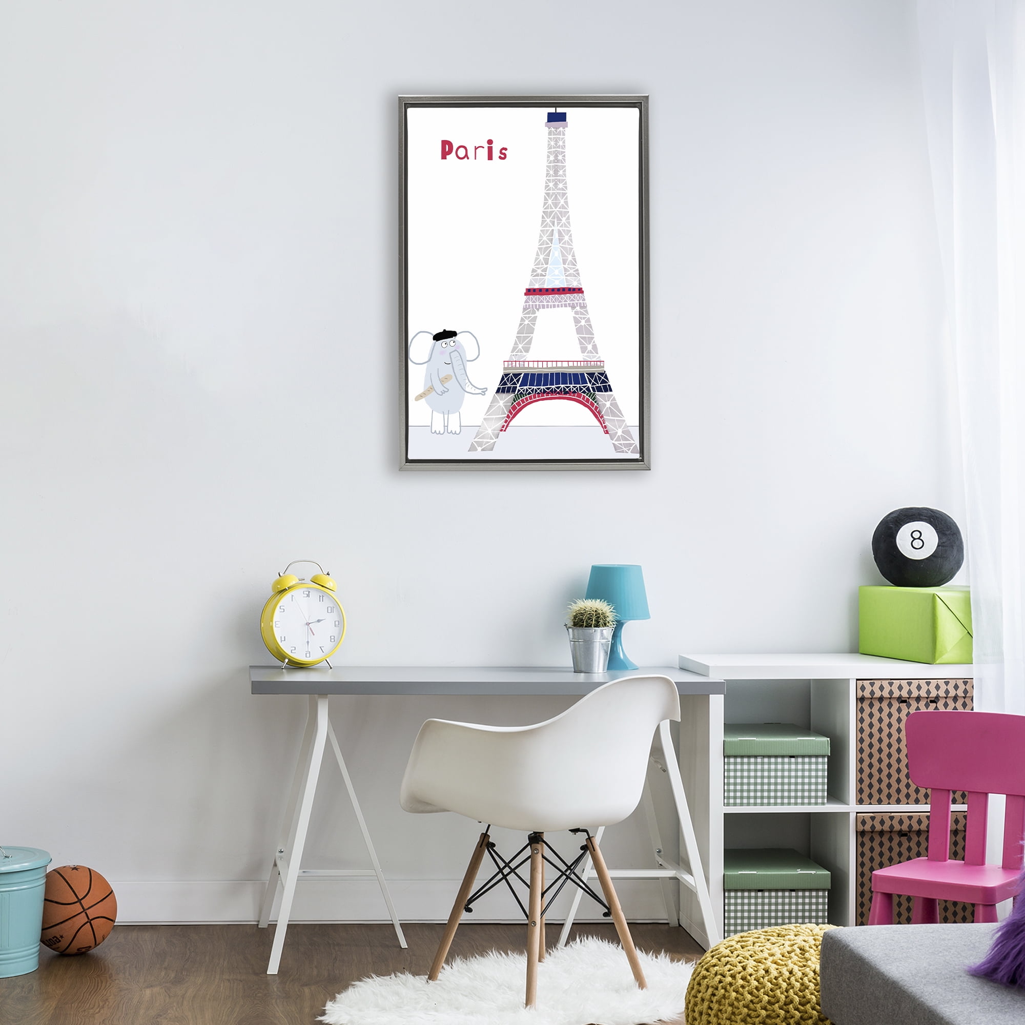 Elephant & Eiffel Tower Gray Framed Floater Canvas Wall Art, design by Carla Daly