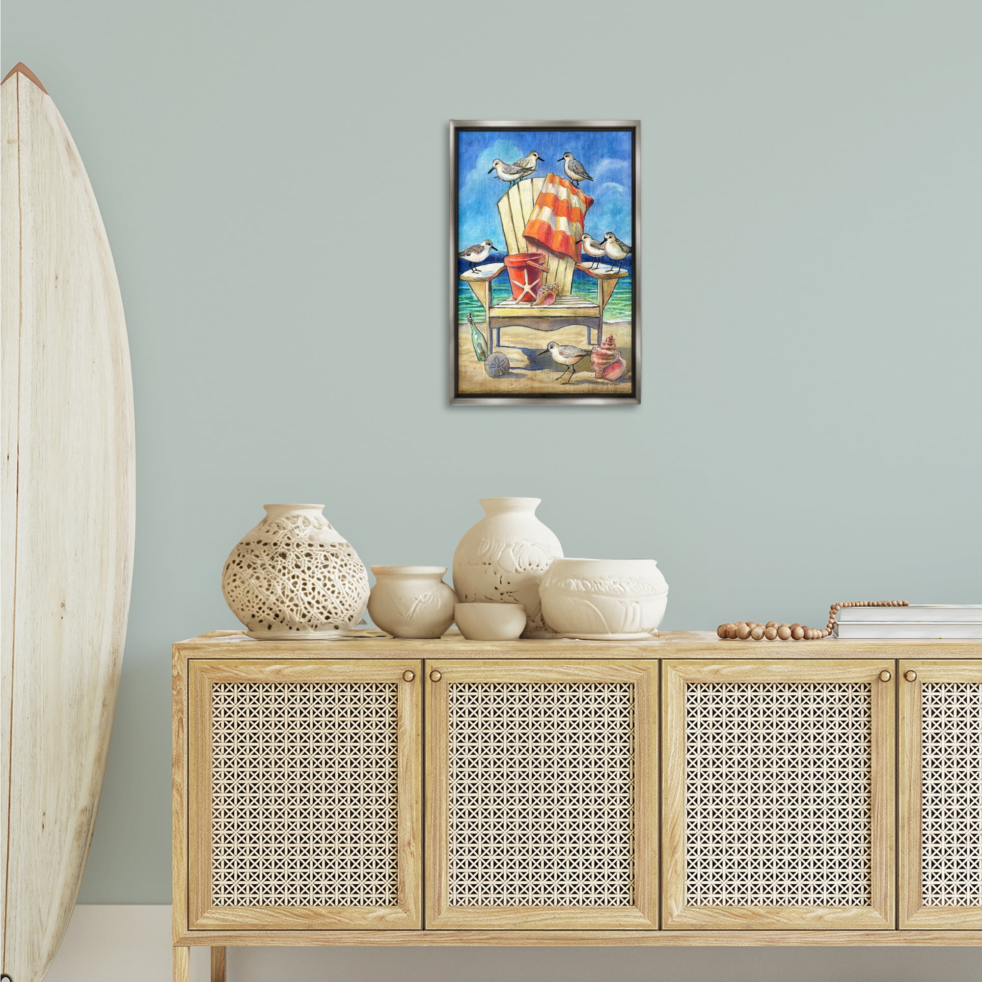 Stupell Industries Summer Beach Chair Seagulls Nautical & Beach Painting Gray Floater Framed Canvas Art Print Wall Art, 17 x 25