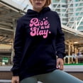 thumbnail image 2 of Rise and Slay, Pink Text Girl Quote Art Merch Gift, Navy Blue Hooded Sweatshirt or Hoodie, Small, 2 of 5