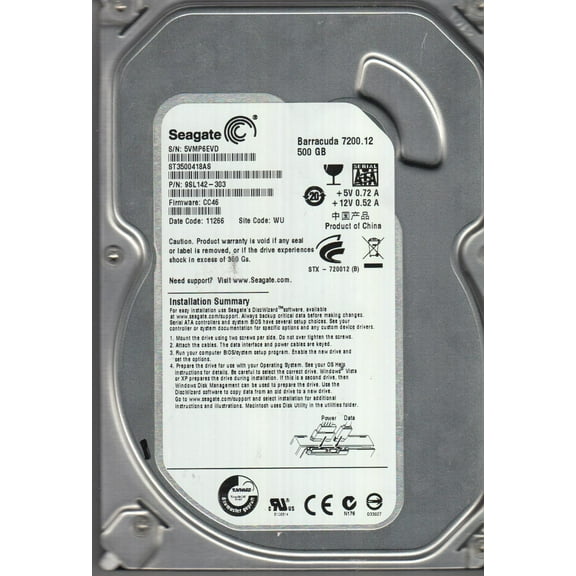 ST3500418AS, 5VM, WU, PN 9SL142-303, FW CC46, Seagate 500GB SATA 3.5 Hard Drive