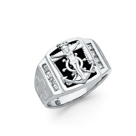 Jewels By Lux 925 Sterling Silver Rhodium-Plated Mariner Religious Cross Mens Fashion Anniversary Ring Size 8.5