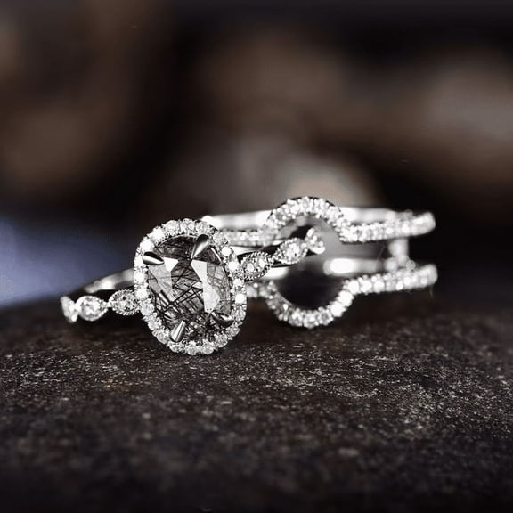 Vintage Black Rutilated Quartz Wedding Ring Set in 925 Sterling Silver- Oval Black Quartz Ring- Mother's Day Ring