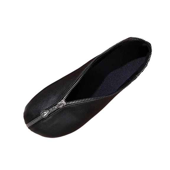 KEGIRLOM Women's Fashionable Casual Solid Color Versatile Front Zipper Round Toe Low Heel Soft Leather Flat Shoes Black 6