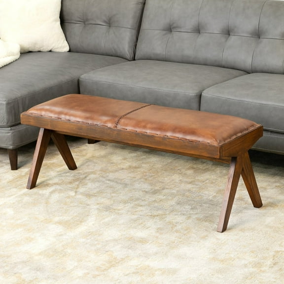 Chad Mid Century Modern Tan Leather Bench