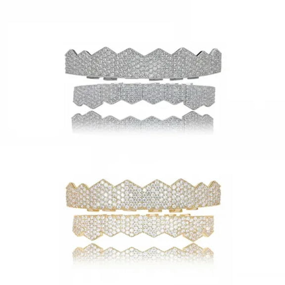QQTDFG 14K Gold Plated CZ Teeth Grillz Hip Hop Top Bottom Mouth Silver Grill Set Custom-Style K-Gold-Top Bottom