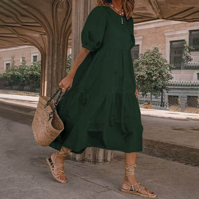 HAWEE Robe d'Été Décontractée Boho pour Femmes Couleur Unie Manches Courtes à Volants Taille Haute Midi Grande Taille Robes de Plage (P-5TG)