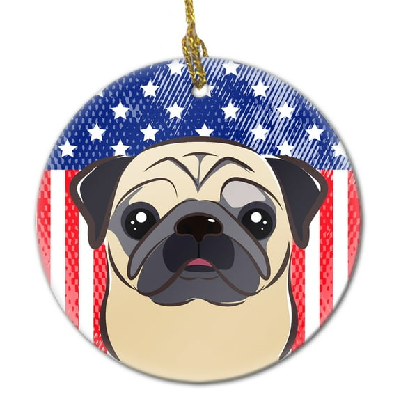 American Flag and Fawn Pug Ceramic Ornament