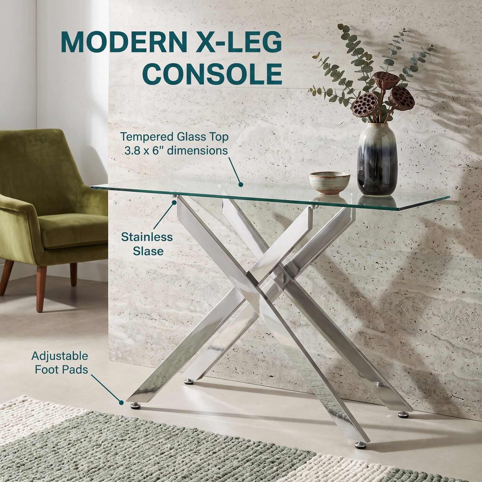 Furnibear Glass Console Table with Clear Tempered Glass Top and Chromed Metal X Legs for Entryway and Living Room, Silver