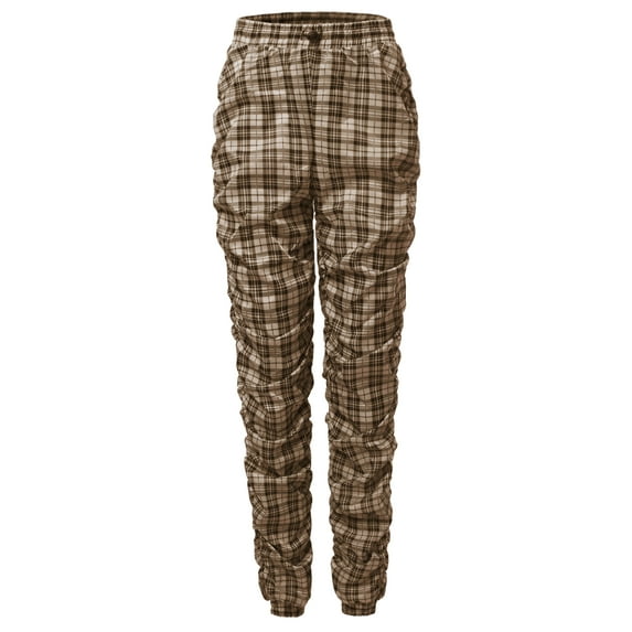 A2Y Women's Plaid Sporty Style Ruched Adjustable Drawstring Jogger Pants Khaki S