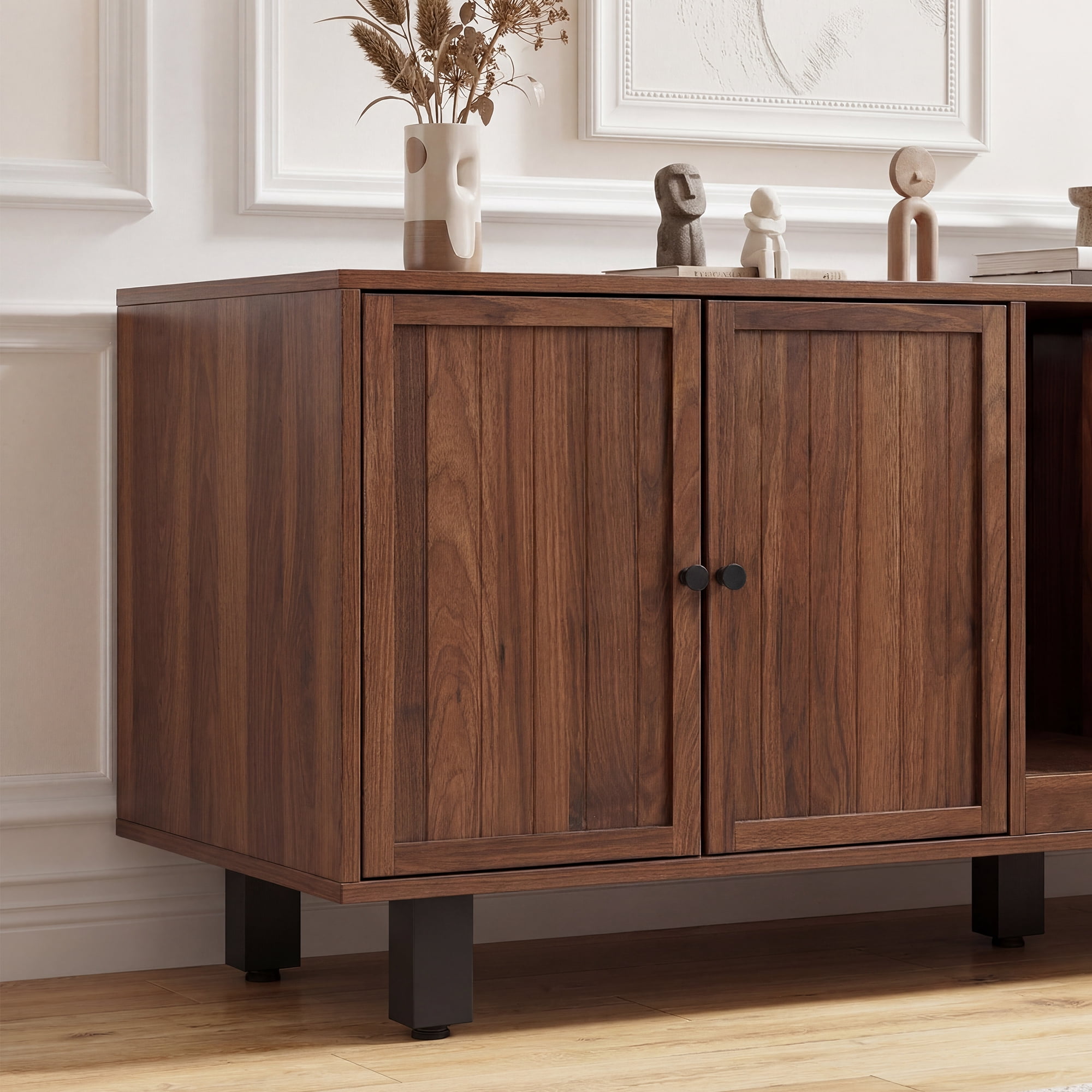59" Double Cat Litter Box Enclosure Furniture, Hidden Litter Boxes Furniture with Cat Scratch Pad & Wide Access Doors, Versatile as TV Stand or Sideboard in Walnut