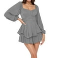 thumbnail image 2 of Blczomt Gray Dresses Women Puff Sleeve Plain Flowy Mini Dress Ruffle Double Layer Square Neck Dresses, 2 of 7