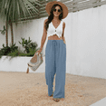 thumbnail image 6 of Olaglory Wide Leg Pants for Women Flowy Palazzo Drawstring Elastic Waist Trousers with Pockets Summer Beach Vacation Clothes, Earth Blue, 6 of 7