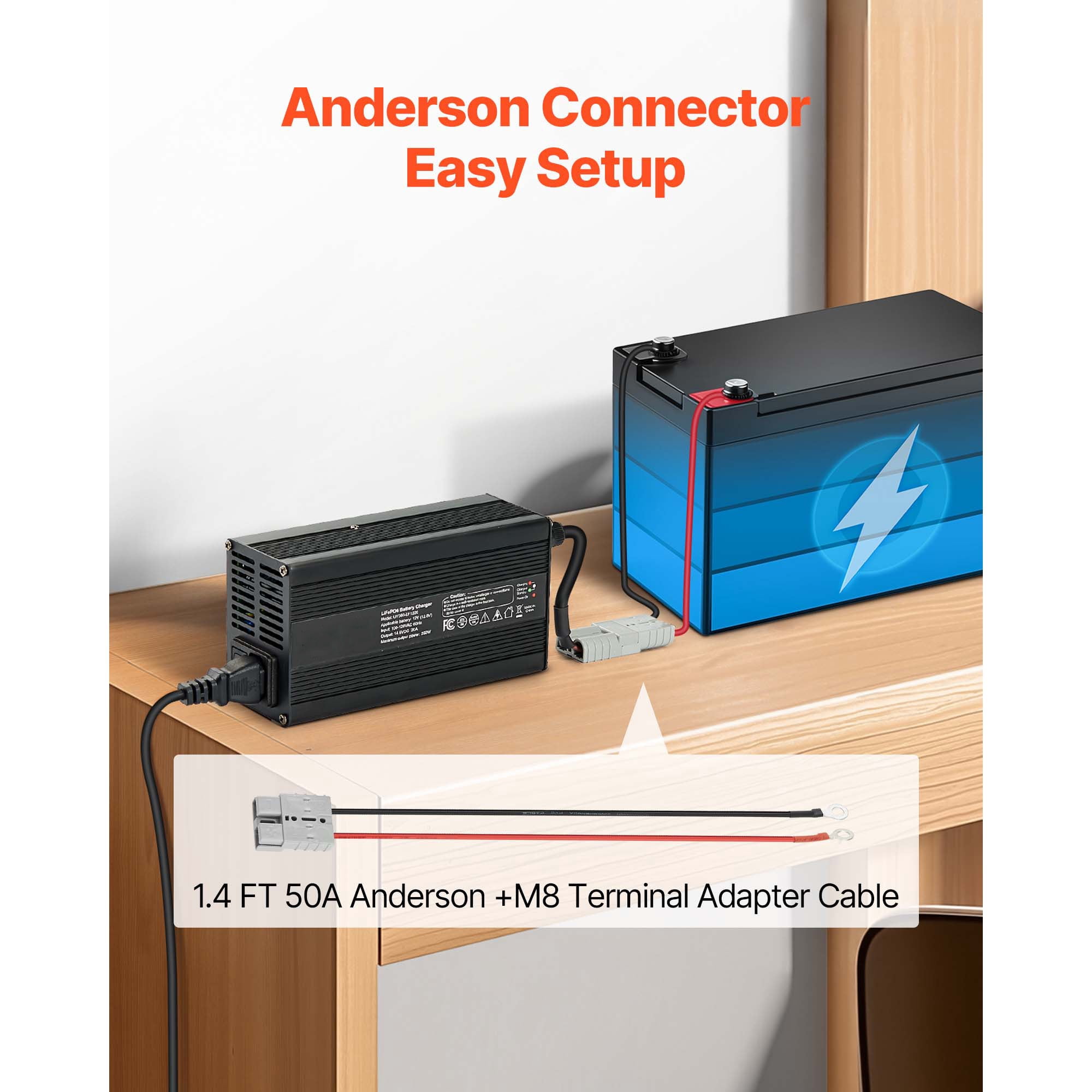 KFFKFF 12V 20A Lithium Battery Charger, 14.6V AC-DC LiFePO4 Smart Charger with Anderson Connector, LED Indicator, 0V Activation, Compatible with Lithium LiFePO4 Deep Cycle Batteries for Boats and RVs
