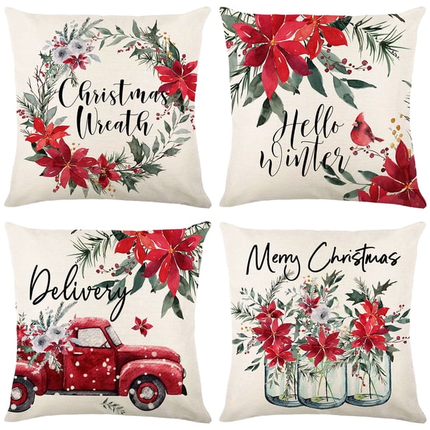 Fundas de cojines de Navidad rojas 18 "x 18" Juego de 4 fundas de almohada decorativas Poinsettia Plaid Fundas de cojines de lino de poliéster para sofá Cama Decoración de Navidad JAMW Sencillez