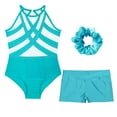 thumbnail image 3 of TiaoBug Kids 2 Pieces Girls Dance Outfit Gymnastics Sleeveless Bodysuit Leotard with Shorts Headwear Set Blue Green 16, 3 of 5