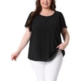 thumbnail image 1 of Blusa de gasa de mujer en tallas grandes Agnes Orinda, camisa de doble capa, cuello redondo, mangas cortas con volantes, tops casuales de trabajo 4X negro, 1 of 6