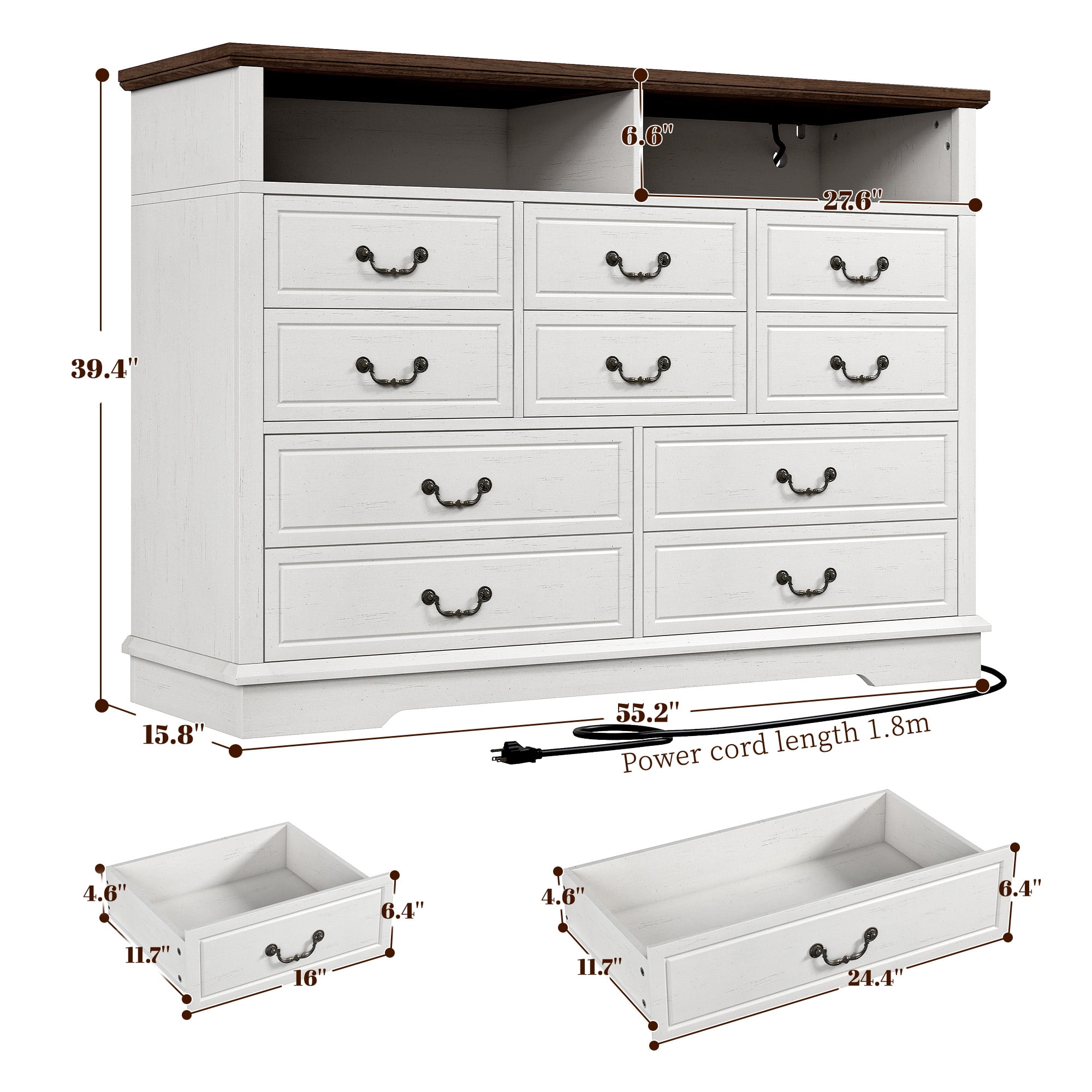 EnHomee Wood 10 Drawers Dresser with LED Lights&Charging Station Wood Dressers for Bedroom,White