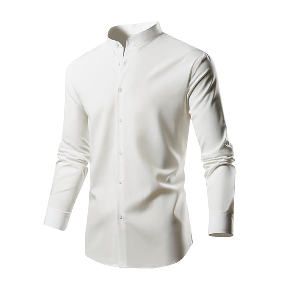 GigrtiJin Men's Vintage Banded Collar Shirt Solid Color Button Dwon Collar Long Sleeve Blouse Trendy Casual Tops