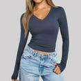 thumbnail image 2 of Chemises à Manches Longues pour Femmes Col en V Sortie Ajustée Crop Top Décontracté Mode Automne 2025, 2 of 5