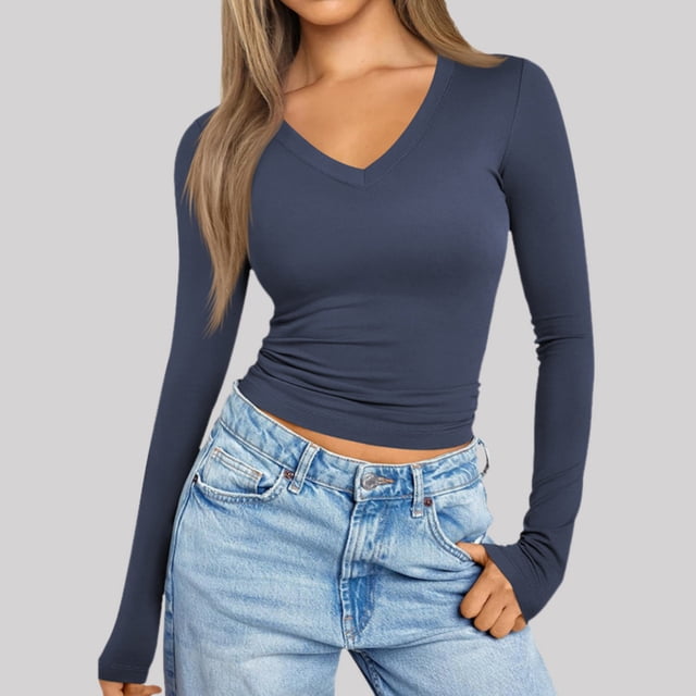 TINZ Chandails à Manches Longues pour Femmes Col en V Sortie Coupe Ajustée Décontracté Hauts Courts 2024 Automne T-Shirt Décontracté Ample à Manches Courtes pour Femmes Chandails de Compression à Manches Longues pour Femmes Chandail Athlétique à Manches Longues Femme Ajusté
