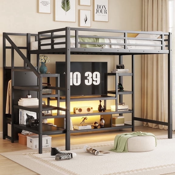 Mirightone Full Size Loft Bed with Stairs,Metal Gaming Loft Bed with TV Cabinet,LED and Charging Station, High Loft Bed Full with Storage Shelves and Wardrobe for Teens, Adults, Black