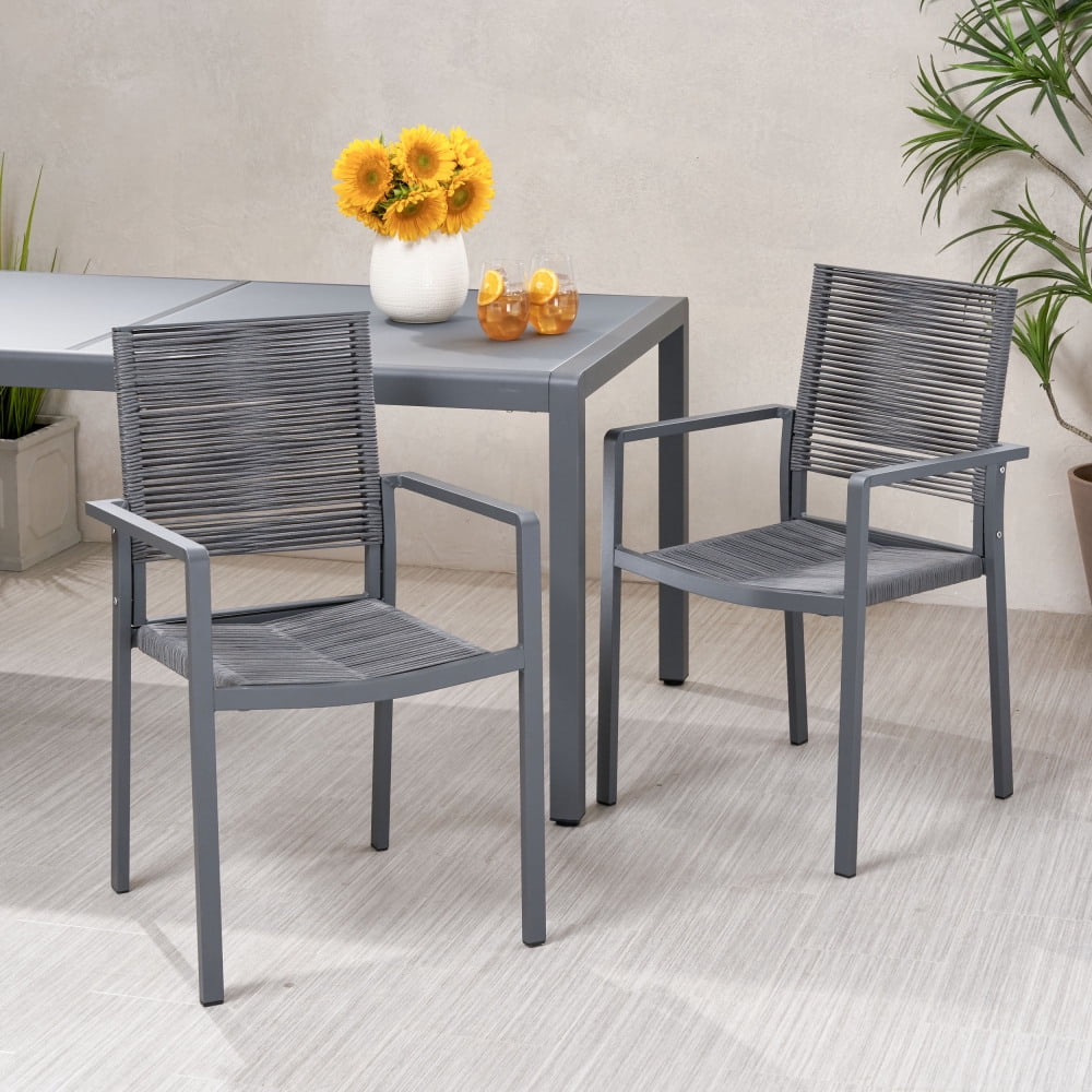 Set of 2 Gray Aluminum Outdoor Dining Chairs with Woven Rope Seat, Modern Patio Seating for Garden or Deck