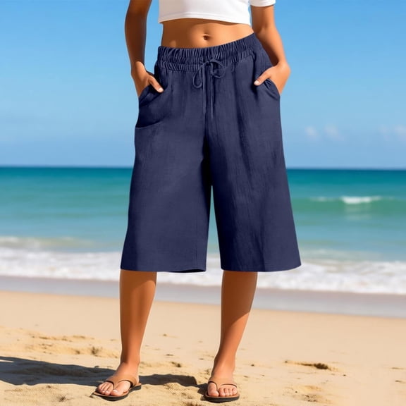 Gamivast Linen Capri Pants for Women Cropped Wide Leg High Waisted Flowy Pants Drawstring Elastic Waist Culotte Pants with Pockets for Vacation Casual Days Breathable Lounge Beach Wear