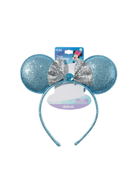 Claire's Disney Minnie Mouse Ear Headband Blue Sparkle Ears & Silver Bow