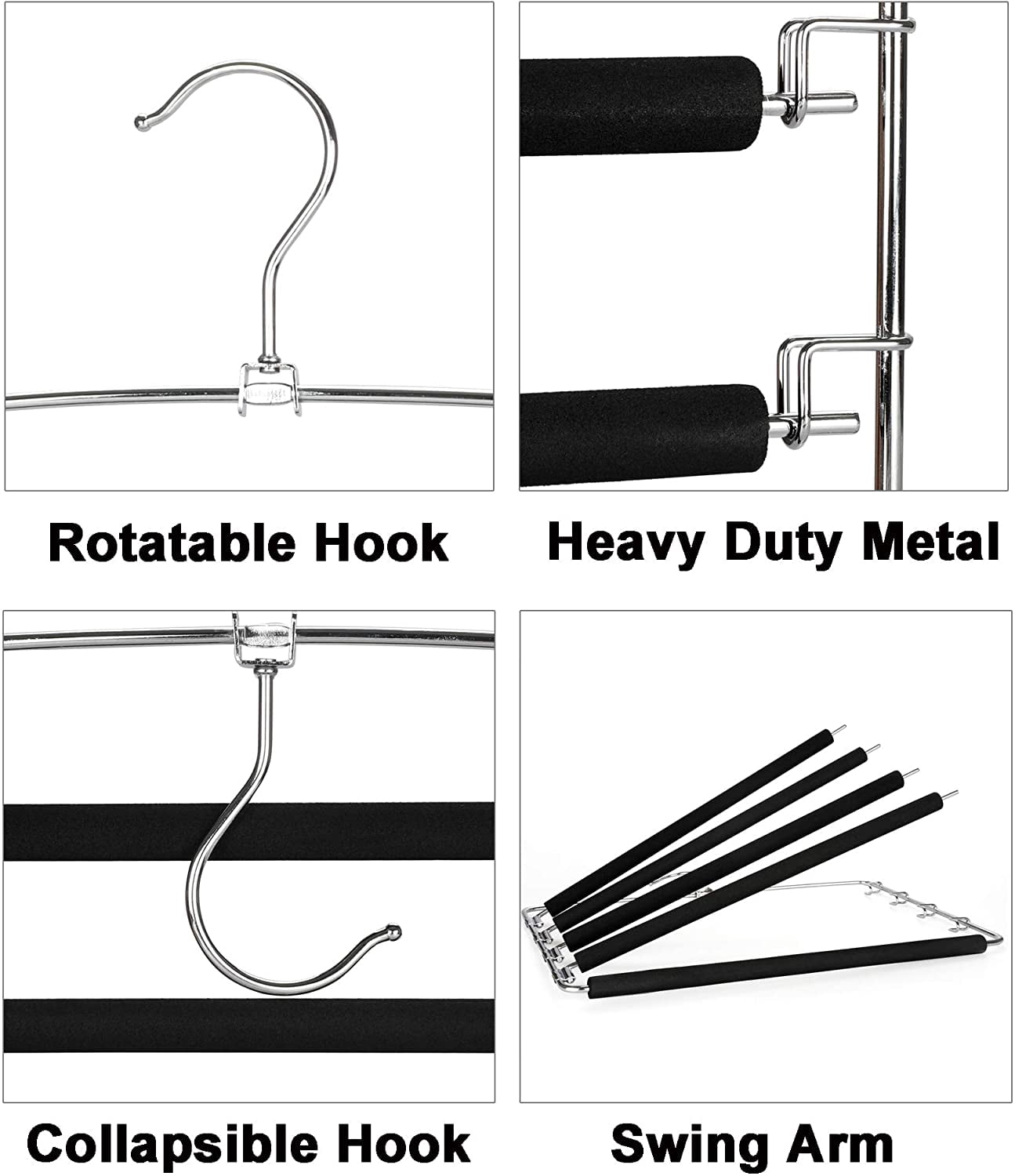 Artrylin 1 Pack Pants Hangers Non Slip Space Saving Hangers Multi-Layer Swing Arm Pants Hanger Stainless Steel Space Saver Hangers for Pants Jeans Scarf Trouser Tie Towel Clothes ,Black